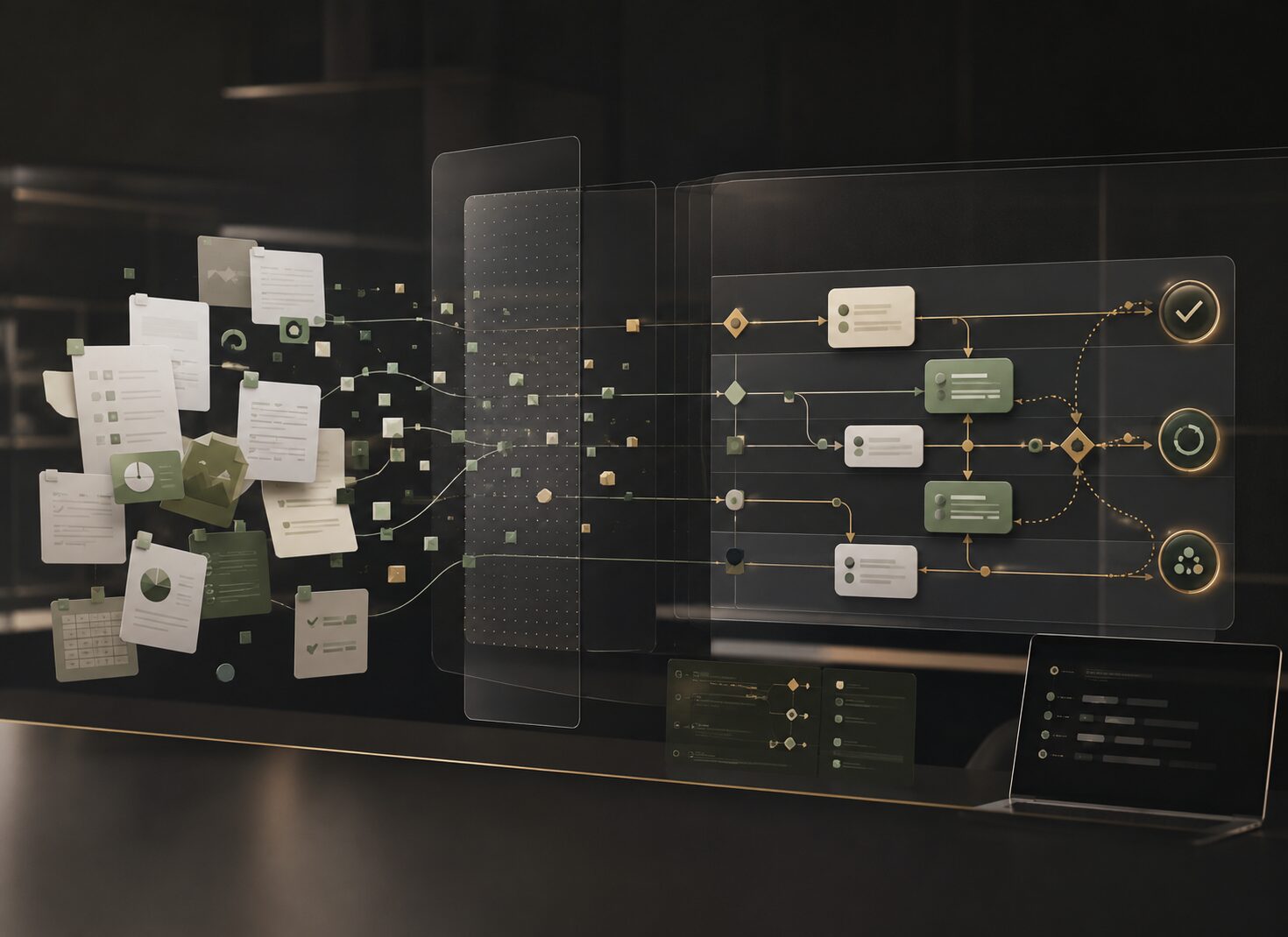 Digital AI workflow turning scattered inputs into structured processes
